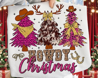 Howdy Christmas Png, Cowgirl Western Christmas Trees Png, Pink Leopard Coquette Xmas Bow Png, Cute Country Shirt Design, Holiday Sublimation