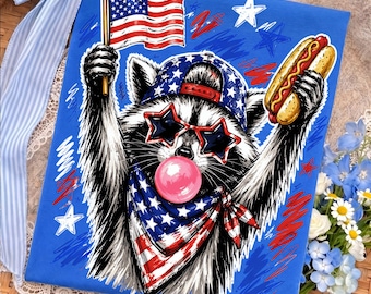 Patriotic Raccoon 4th Of July Png, Funny Trash Panda Usa Flag Hot Dog Shirt, Bubble Gum Bandana Star Design, Freedom 250, Digital Download