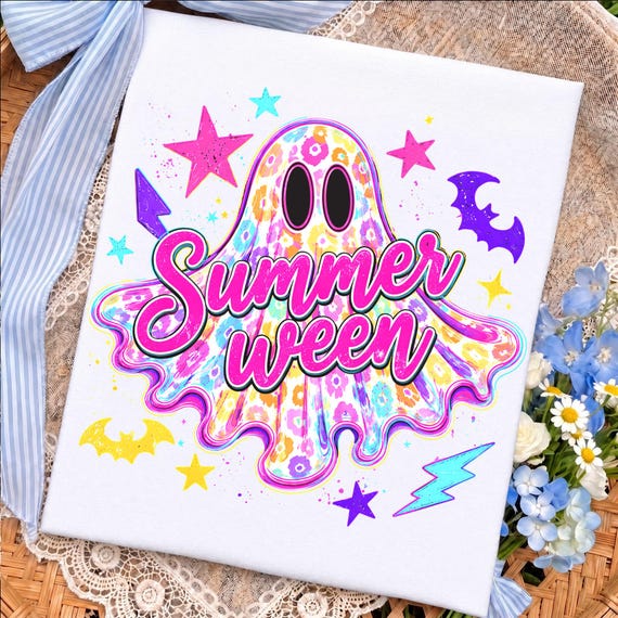 Summerween Ghost PNG, Floral Leopard Ghost Png, Neon Spooky Summer Vibes, Halloween Summer Png, Halloween Beach Party Retro Spooky Vibes Png