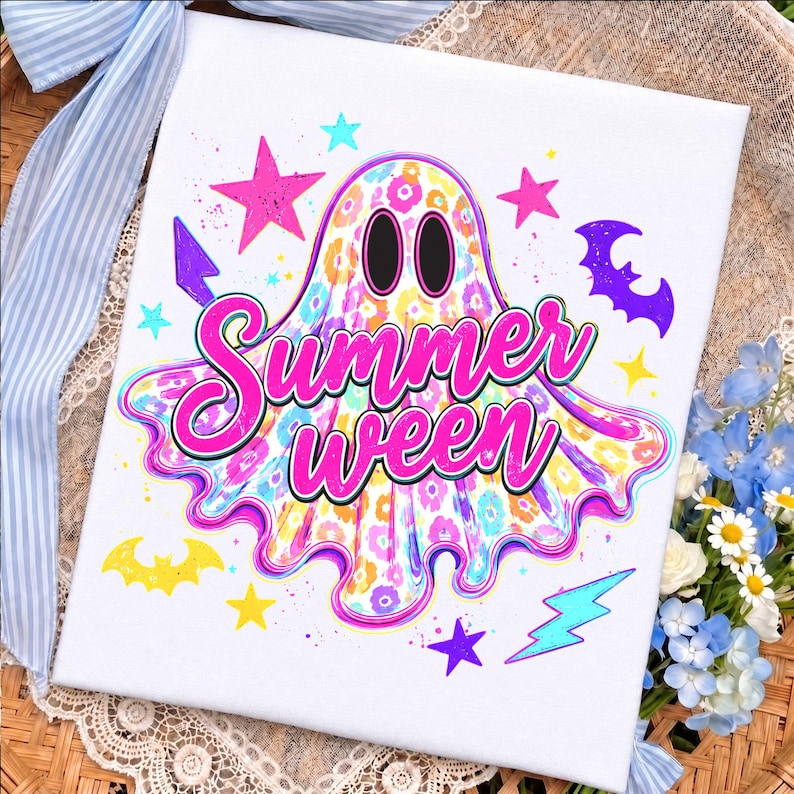 K&ouml;nnte beinhalten: Eine wei&szlig;e quadratische Leinwand mit einer zentralen Geisterillustration mit buntem Blumenmuster. Der Text Summer ween ist in leuchtendem Pink mit schwarzer Umrandung gedruckt. Um den Geist herum sind pinke, gelbe und blaue Sterne, Flederm&auml;use und Blitze.