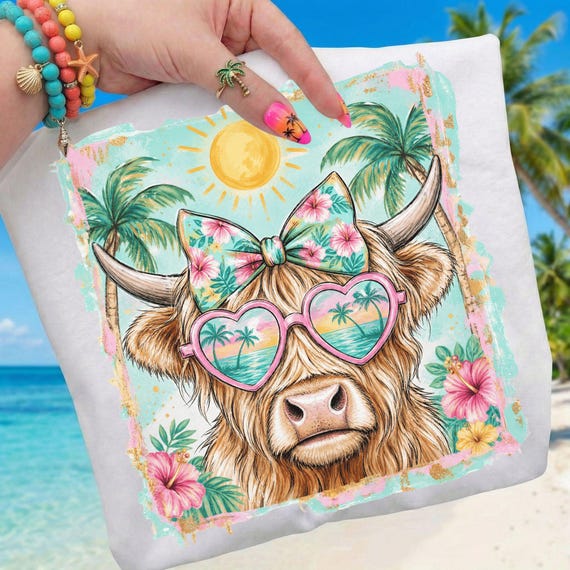 Tropical Highland Cow PNG, Beach Cow Heart Sunglasses Floral Bow, Summer Vacation Shirt, Sublimation Digital Download