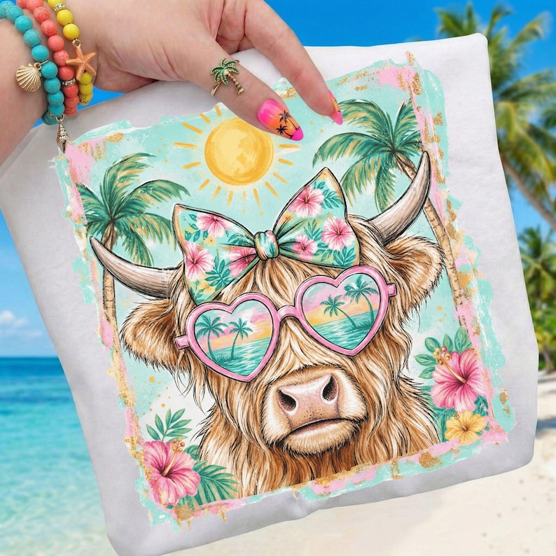 May include: A white square pillow featuring a graphic print of a Highland cow wearing heart-shaped sunglasses with a tropical beach reflection, a floral bow, a yellow sun, palm trees, and pink hibiscus flowers against a light blue background.