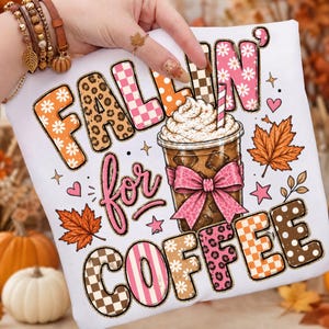 Fallin For Coffee Png, Preppy Leopard Fall Coffee Sublimation, Coquette Iced Coffee Shirt, Autumn Coffee Lover Png, Digital Download
