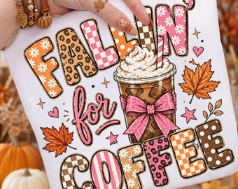 Fallin For Coffee Png, Preppy Leopard Fall Coffee Sublimation, Coquette Iced Coffee Shirt, Autumn Coffee Lover Png, Digital Download