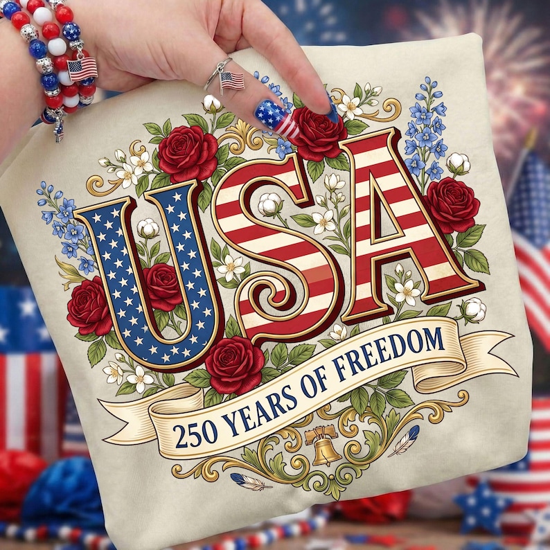 May include: Cream-colored t-shirt featuring the word "USA" in red and blue, with a floral design and the text "250 YEARS OF FREEDOM". The design includes red roses, white flowers, and a banner.