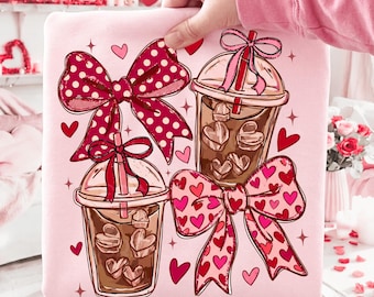 Coquette Valentine Valentine Iced Coffee Clipart PNG Cute Pink Bow Coffee Cups, Heart Drink Illustration, Romantic Cafe Art Digital Download