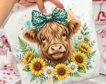 Highland Cow Coquette PNG, Funny Highland Cow PNG, Sunflowers PNG, Floral Highland Cow Png, Heifer Png, Coquette Bow Png, Sublimation Design