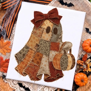 Faux Patchwork Spöke Png, Quilted Höstspöke Sublimering, Coquette Rosette Pumpa Spöke Skjorta, Höst Halloween Png, Mysig, Digital Nedladdning