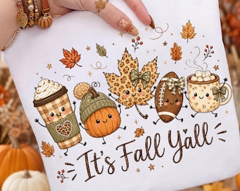 Its Fall Yall Png, Słodka Jesienna Sublimacja Przyjaciół, Kawaii Dyniowa Koszulka Piłkarska z Kawą, Jesienny Lampart Png, Przytulna Jesień, Pobieranie Cyfrowe