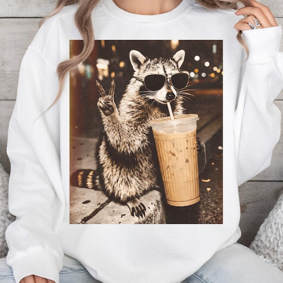 Raccoon Drinking Iced Coffee PNG, Coffee Raccoon PNG, Funny Animal Meme PNG, Retro Prehistoric Png, Gift For Animal Lover