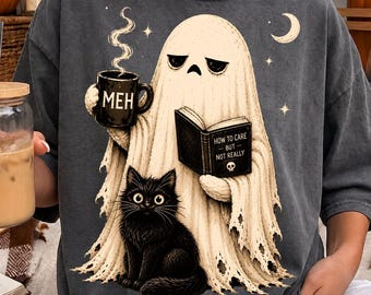 Zabawny duch Png, Retro Halloween Duch Png, Czarny kot Duch Png, Sarkastyczny duch kawy Png, Gotycka Upiorna Sezonowa Sublimacja Png