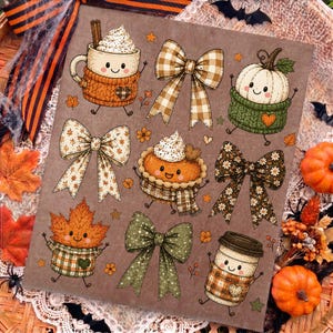 May include: A rectangular print featuring cartoon illustrations of autumn-themed items including a mug with whipped cream, a pumpkin, a cupcake, a coffee cup, and four patterned bows, all decorated with small hearts and smiling faces.