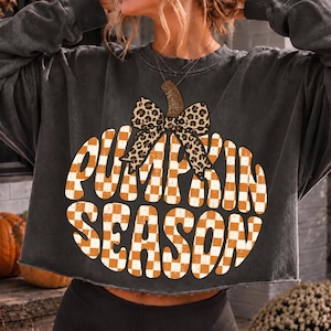 Peut inclure: Un sweat-shirt gris anthracite à manches longues avec un grand motif de citrouille rempli d'un motif à carreaux orange et blanc. La citrouille est surmontée d'une tige brune et d'un nœud léopard, avec le texte PUMPKIN SEASON imprimé.