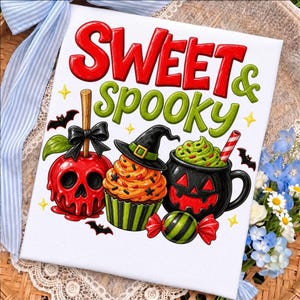 Puede incluir: Un letrero rectangular blanco con el texto SWEET & SPOOKY en rojo y verde. El diseño incluye una manzana de caramelo roja con forma de calavera, un cupcake naranja con un sombrero de bruja negro, una taza de calabaza negra y un caramelo.