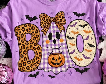 Boo Png, Sublimacja ducha lamparta, Koszulka na Halloween w stylu preppy PNG, Urocza dynia na Halloween w formacie PNG, Kokietka kokardka w strasznym sezonie w formacie PNG, Upiorne wibracje w formacie PNG