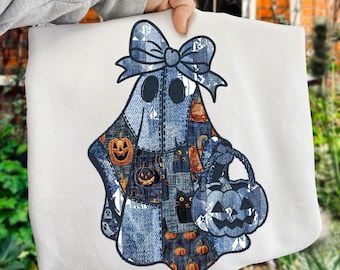 Retro Halloween Blue Denim Png, Trendy Patchwork, gruseliger Geist Png, Süßer Boo Geist, Kokette Png, Herbst Kürbis Png, Gruselige Jahreszeit Png