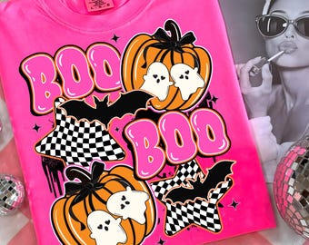 Retro Halloween-spookpompoen png, Boo Ghost Coquette png, Halloween png, geruit spookshirt png, spookseizoen png, spook png