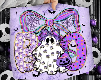 Fantasma assustador Boo PNG, Sublimação de Halloween rosa neon, Laço de Halloween feminino coquete, Camisa de Halloween com glitter elegante PNG, Abóbora de outono retrô