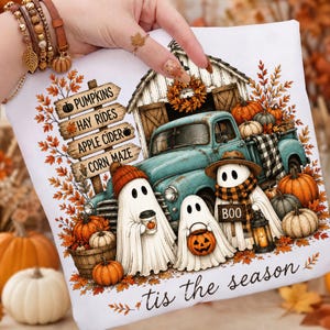 Tis The Season Ghost Farm Png, Farmhouse Halloween Sublimation, Cozy Fall Ghost Truck Shirt, Pumpkin Patch Ghost Png, Digital Download