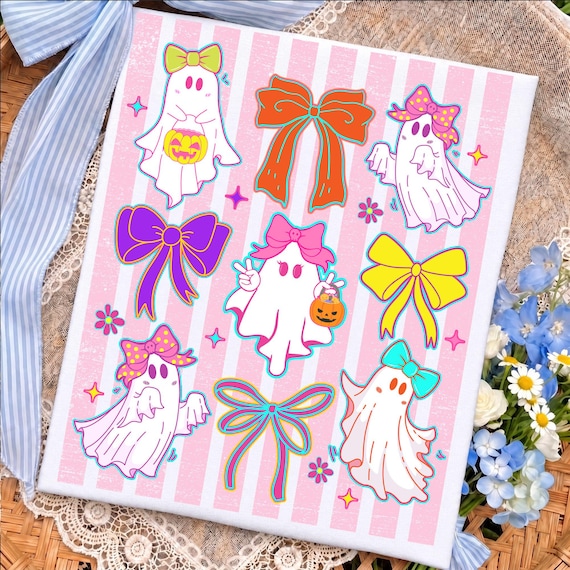 Striped Coquette Ghost Bow Png, Pink Halloween Girly Shirt, Cute Spooky Pumpkin Bow Design, Preppy Halloween Png, Digital Download