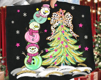 Colorful Coquette Glitter Christmas Snowman Christmas Tree Png, Winter Png Snowman Png Xmas Tree Png, Christmas Coquette Bow Dalmatian Dots