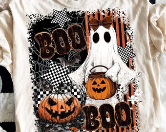 Boo Png, Duch Halloween Png, Dynia Duch Vintage Png, Kraciasty Grunge Halloween Png, Retro Upiorny Sezon Sublimacja Png
