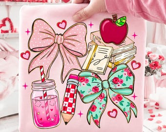 Coquette Teacher Valentine Heart PNG, Preppy School Teacher Vday Shirt Design, Pink Teacher Pencil Bow Sublimation, XOXO Classroom Download