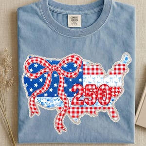 USA:s 250-årsjubileum png, 4 juli sublimeringsdesign, preppy USA-karta 250 png digital nedladdning, ginghamstjärnor i ränder lapptäcke png