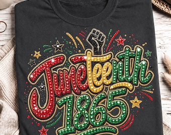 Juneteenth 1865 Faux Rhinestone PNG, Bling Freedom Fist Shirt, Red Green Gold Sparkle Stars Fireworks, June 19, Digital Download