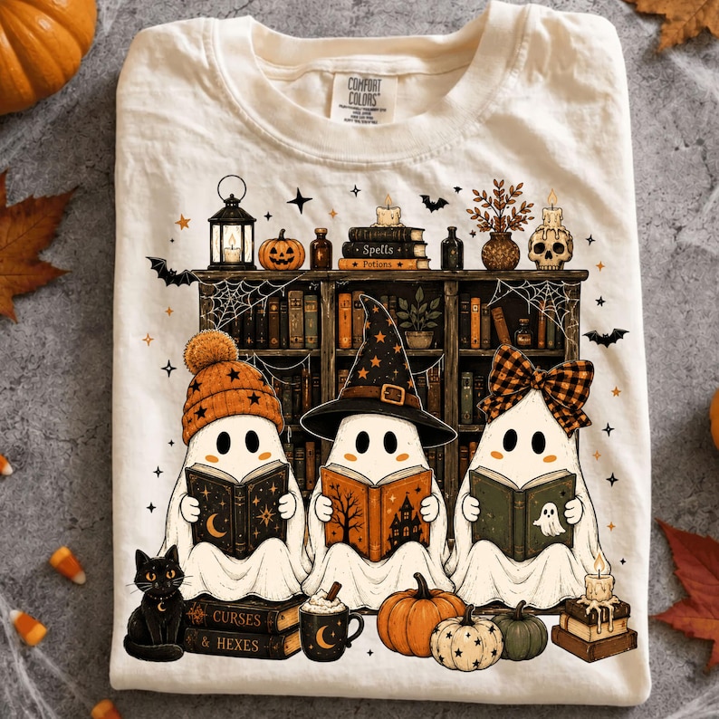 May include: A cream-colored t-shirt featuring a graphic of three ghosts reading books in front of a bookshelf. The ghosts wear an orange beanie, a black witch hat, and a plaid bow. The design includes pumpkins, a black cat, and candles.