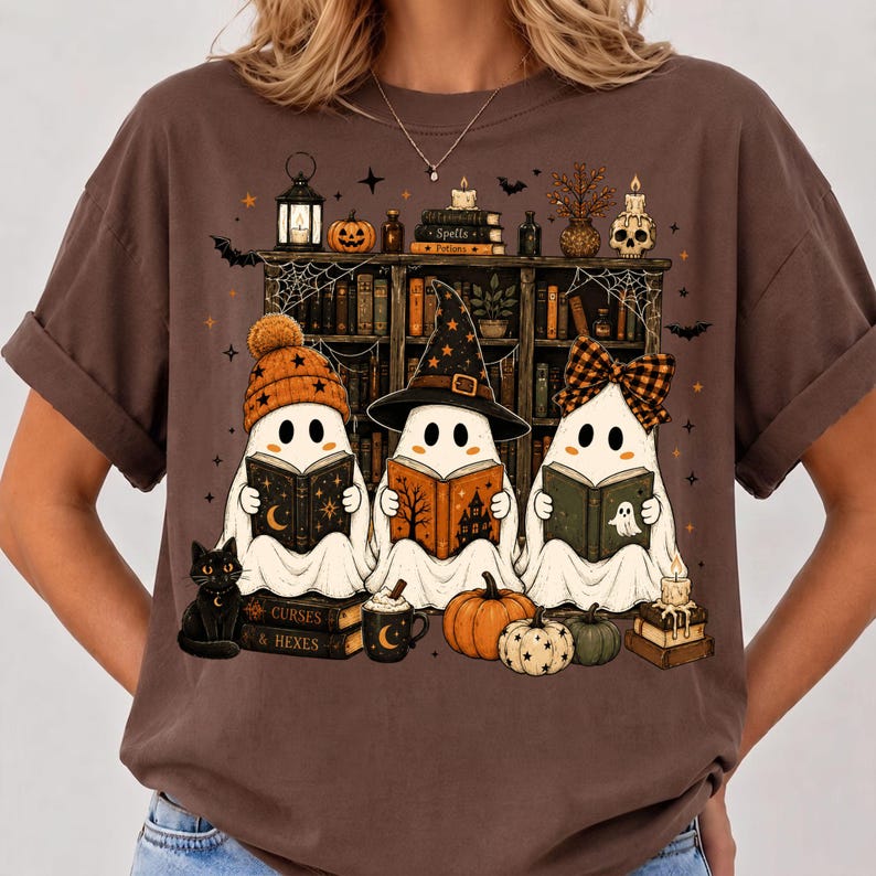 May include: A brown t-shirt featuring a graphic of three white ghosts reading books in front of a bookshelf. The ghosts wear a beanie, a witch hat, and a plaid bow. The design includes pumpkins, a black cat, candles, and the text Curses & Hexes.