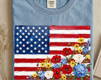 American Flag Hand Painted PNG, Brushstroke Floral Patriotic Shirt, Poppy Wildflower USA, 4th Of July 250, Digital Download