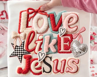 latch hook yarn Love Like Jesus Vintage PNG, Faux Yarn Png Coquette Jesus Png, Preppy Valentine’s Day Checkered Png Jesus Valentines Day Png
