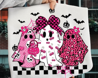 Trendy Leopard Pumpkin Ghost PNG, Pink Halloween Girly Ghost Sublimation, Retro Checkered Ghosts PNG, Cute Spooky Fall Shirt Design