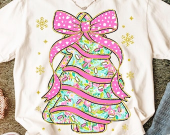 Glitter Coquette Christmas Tree Cake Png, Girly Floral Preppy Christmas Tree Coquette bow png, Merry & Bright png