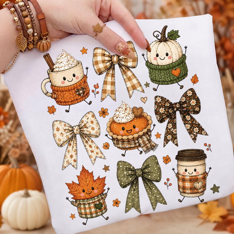 Coquette Fall Doodles Png, Cute Autumn Bows Sublimation, Kawaii Pumpkin Coffee Shirt, Cottagecore Fall Png, Cozy Fall, Digital Download image 2