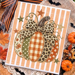 Calabaza de patchwork falso PNG, estampado de leopardo a rayas para sublimación de otoño, camiseta acolchada con lazo de calabaza, calabaza de otoño PNG, otoño acogedor, descarga digital