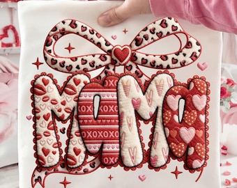 Preppy Mama Valentine Glitter Png Faux Yarn Png, 3D Latch Hook Heart, Faux Embroidery Mom Shirt, Leopard Valentine Coquette Bow Png Mama Png