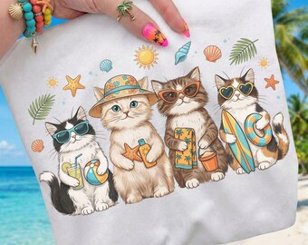 Summer Beach Cats PNG, Funny Vacation Kittens Shirt, Cute Cats png, Surfing Sunbathing Felines, Cat Lover Gift, Sublimation Digital Download