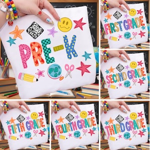 May include: A white zippered pouch featuring colorful school-themed graphics including a yellow smiley face, stars, a globe, scissors, a pencil, and a composition notebook. The text on the pouches reads PRE-K, FIRST GRADE, SECOND GRADE, THIRD GRADE, FOURTH GRADE, or FIFTH GRADE.