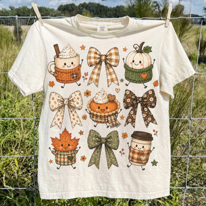 May include: A cream-colored t-shirt featuring a graphic print of various autumn-themed characters including a coffee mug, a pumpkin, a pie, a maple leaf, and a travel cup, all interspersed with several patterned bows and small orange stars.