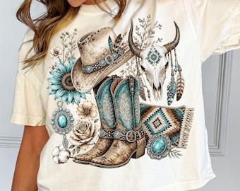 Western Cowgirl Boots PNG, Turquoise Bull Skull Aztec Shirt, Cowboy Hat Sunflower Feather Rose, Boho Country, Digital Download