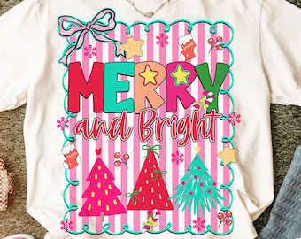 Merry and bright PNG, Preppy Merry Christmas Png, Christmas Coquette Sublimation Png, Coquette Christmas Shirt Png, Xmas png, Christmas Tree
