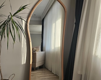 Handmade Asymmetric Beech Wood Wall Mirror: Full Length, Organic Shape