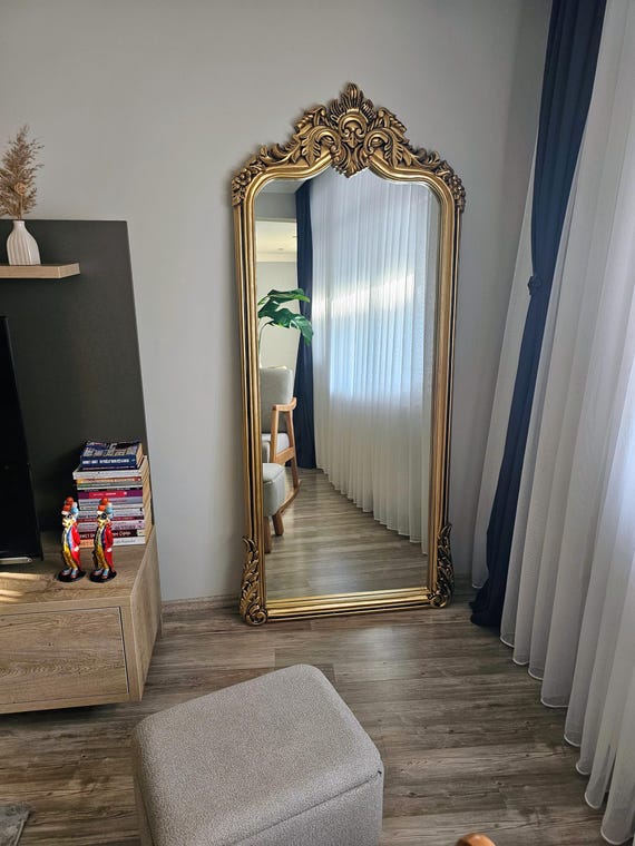 Großer Gold Barock Wandspiegel - Kunstvoller Französischer Vintage Ganzkörperspiegel 190 x 85 cm