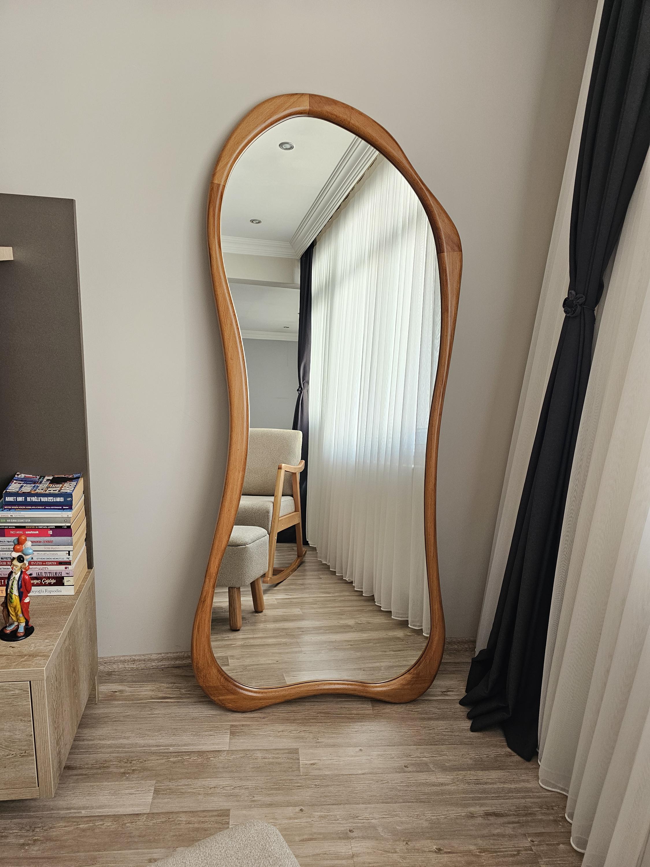 Asymmetrical Beech Wood Full Length Mirror: Japandi Style, Walnut