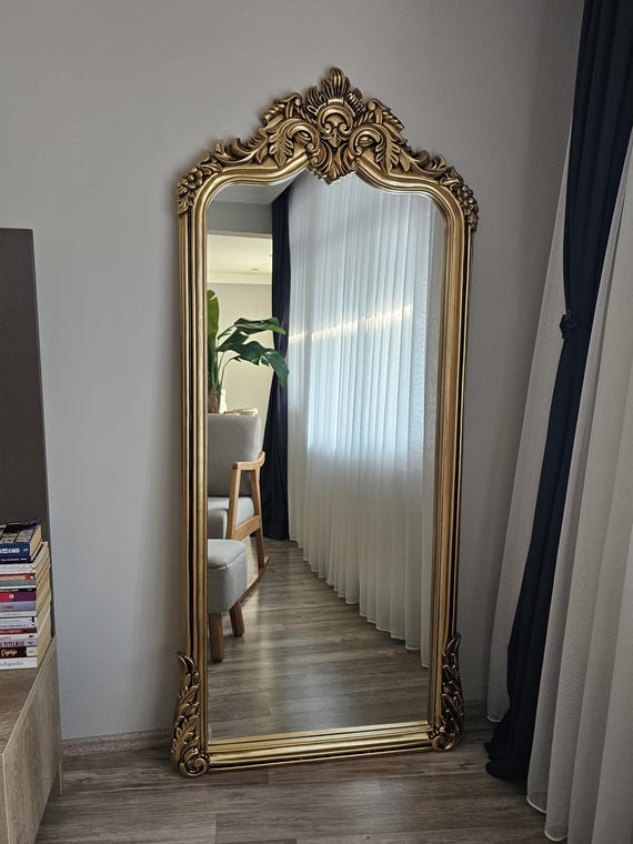 Großer Gold Barock Wandspiegel - Kunstvoller Französischer Vintage Ganzkörperspiegel 190 x 85 cm