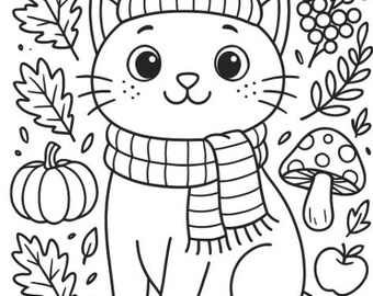 Fall Cat Coloring Page – Cozy Autumn Art, Kids & Adults (PDF)