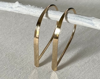 Flat Front Gold Hoop Earrings, Small Teardrop Hoop Earrings, Threader Hoop Earrings Gold Matte or Polished, Unique Handmade Earrings