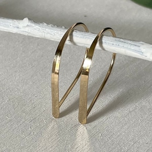 Flat Front Gold Hoop Earrings, Small Teardrop Hoop Earrings, Threader Earrings, Unique Handmade Gold Hoop Earrings, Minimal Jewelry